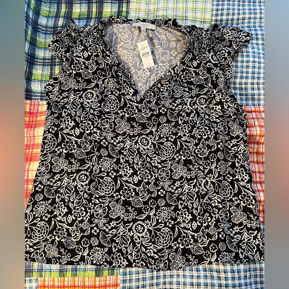 NWT NEW Loft tie neck blouse black white size XL